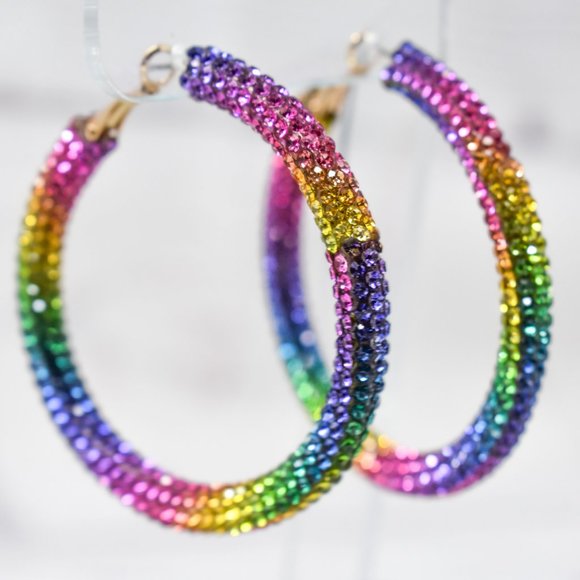 2.25" Boho Multicolor Pave Rhinestone Hoop Earring - Picture 4 of 11